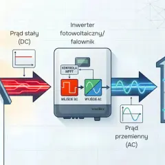 Schemat pokazuje, jak panele fotowoltaiczne generują prąd stały (DC), który falownik przekształca w prąd zmienny (AC) dla urządzeń domowych.