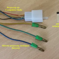 Przewody do 3 czujników Halla i jeden z czujników Halla, obok głównych przewodów zasilających.