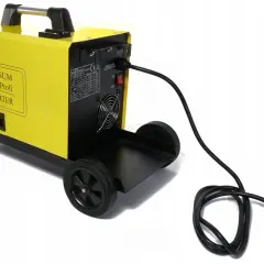 Żółta spawarka Magnum Profi Inverter MIG-MMA 200 W IGBT na kółkach, z kablem zasilającym.