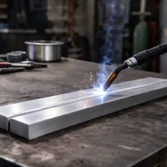 Precyzyjne spawanie aluminium, iskry i niebieski łuk rozświetlają metalowy warsztat.