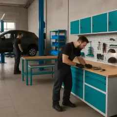 Mechanik pracuje przy solidnej szafce warsztatowej, na której wiszą narzędzia. W tle auto na podnośniku.