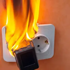 Płonąca wtyczka w gniazdku elektrycznym. Widoczny zwarcie elektryczne, które spowodowało pożar.