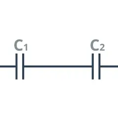 Schemat obwodu elektrycznego: dwa kondensatory C1 i C2 połączone szeregowo.