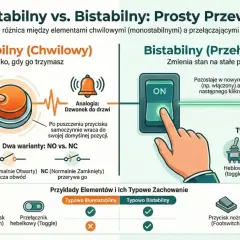 Ilustracja porównuje przycisk monostabilny (działa, gdy trzymany, jak dzwonek) z przełącznikiem bistabilnym (zmienia stan, jak włącznik światła).
