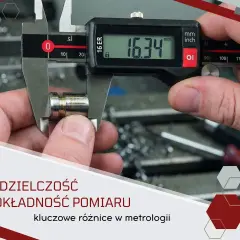 Precyzyjne narzędzia pomiarowe w dłoni, cyfrowy suwmiarka pokazuje 16.34 mm. Rozdzielczość i dokładność pomiaru.