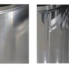 Porównanie powierzchni: po lewej matowe aluminium, po prawej efekt polerowania aluminium, ukazujący lustrzany połysk.