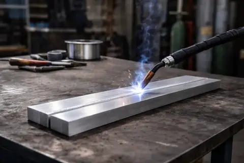 Precyzyjne spawanie aluminium, iskry i niebieski łuk rozświetlają metalowy warsztat.