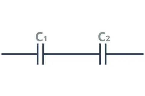 Schemat obwodu elektrycznego: dwa kondensatory C1 i C2 połączone szeregowo.