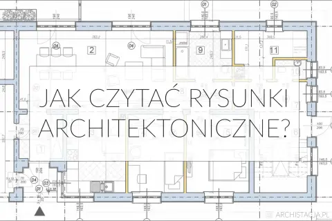 Plan mieszkania z widocznymi symbolami i wymiarami. Tekst "JAK CZYTAĆ RYSUNKI ARCHITEKTONICZNE?" nałożony na rysunek.