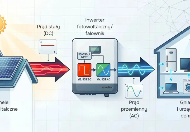 Schemat pokazuje, jak panele fotowoltaiczne generują prąd stały (DC), który falownik przekształca w prąd zmienny (AC) dla urządzeń domowych.