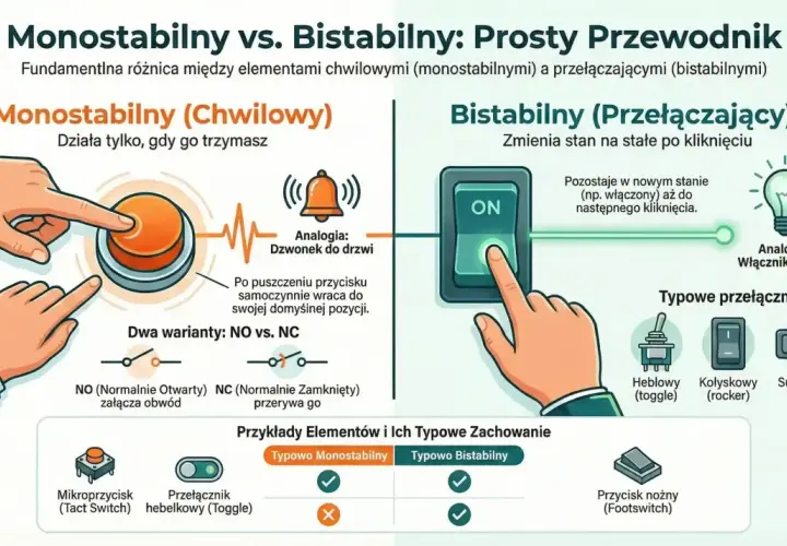 Ilustracja porównuje przycisk monostabilny (działa, gdy trzymany, jak dzwonek) z przełącznikiem bistabilnym (zmienia stan, jak włącznik światła).