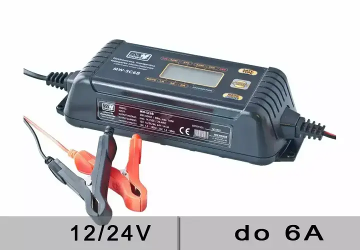 Inteligentna ładowarka MW-SC6B z klemami, idealna do akumulatorów 12V i 24V, pozwala ładować prądem do 6A.