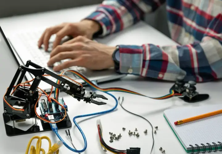 Programista tworzy automatyzację procesów, programując ramię robota na laptopie.