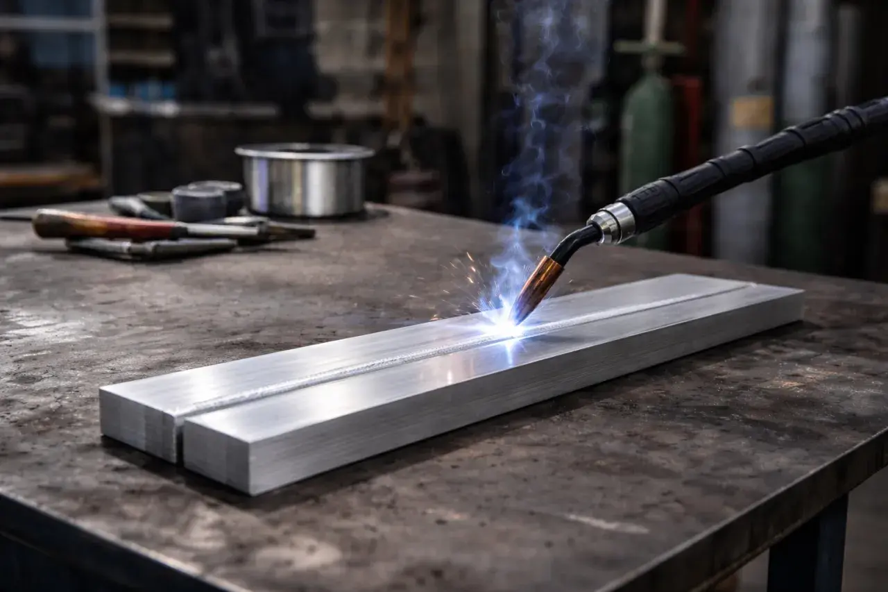 Precyzyjne spawanie aluminium, iskry i niebieski łuk rozświetlają metalowy warsztat.