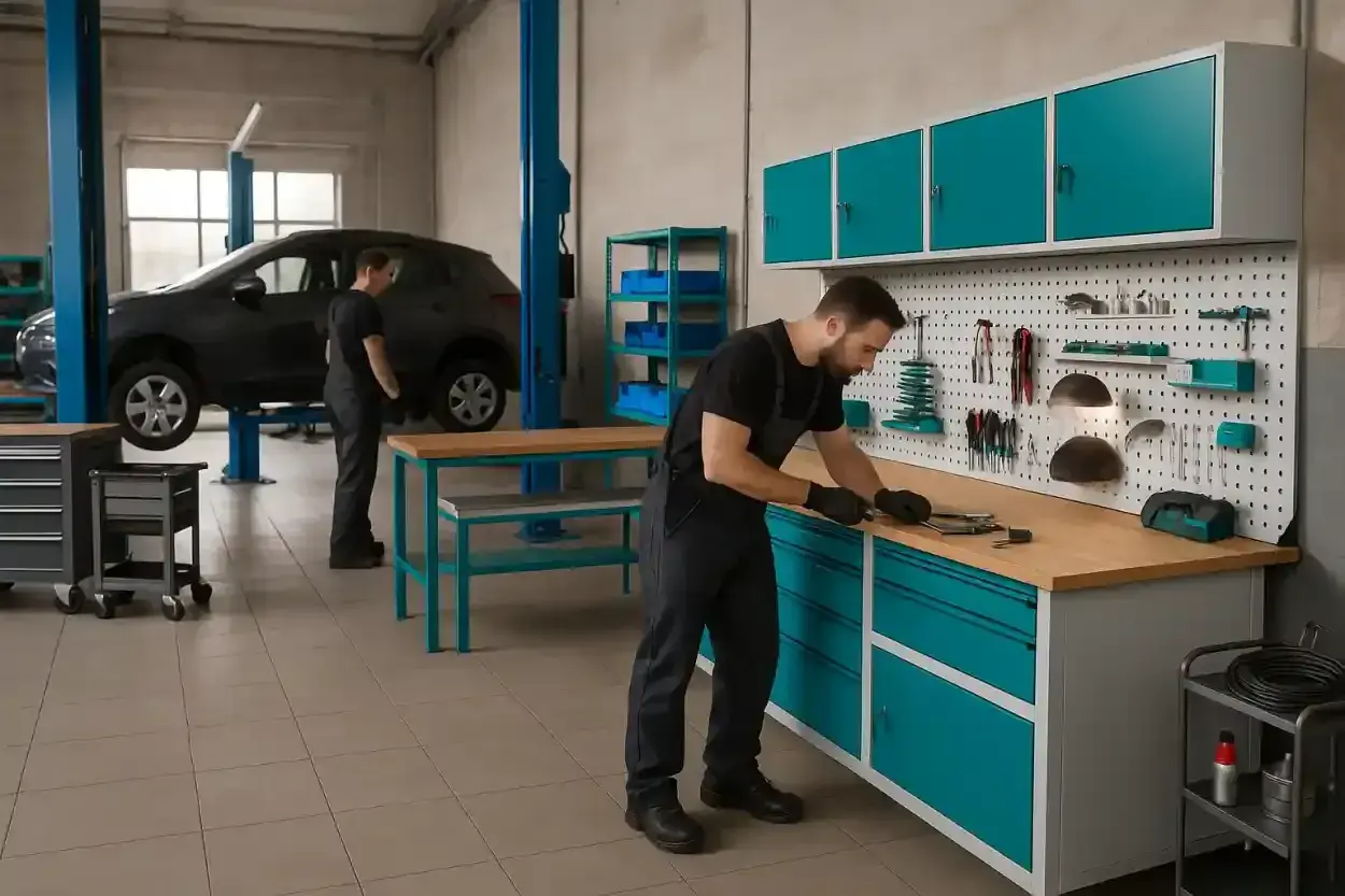 Mechanik pracuje przy solidnej szafce warsztatowej, na której wiszą narzędzia. W tle auto na podnośniku.