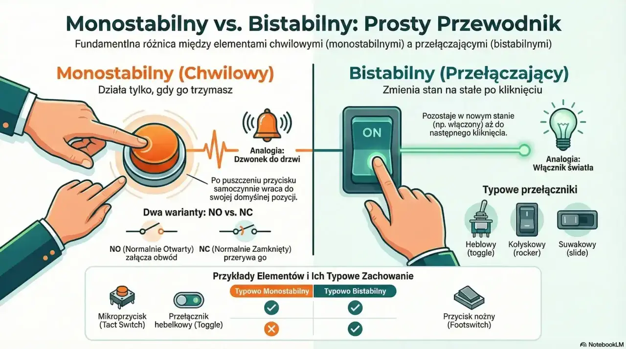 Ilustracja porównuje przycisk monostabilny (działa, gdy trzymany, jak dzwonek) z przełącznikiem bistabilnym (zmienia stan, jak włącznik światła).