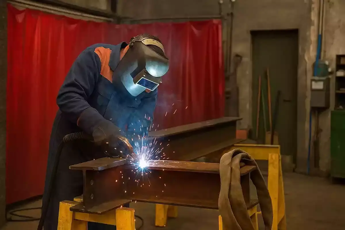 Spawacz w masce ochronnej pracuje przy stanowisku spawalniczym, tworząc jasny łuk elektryczny i iskry na metalowych belkach.