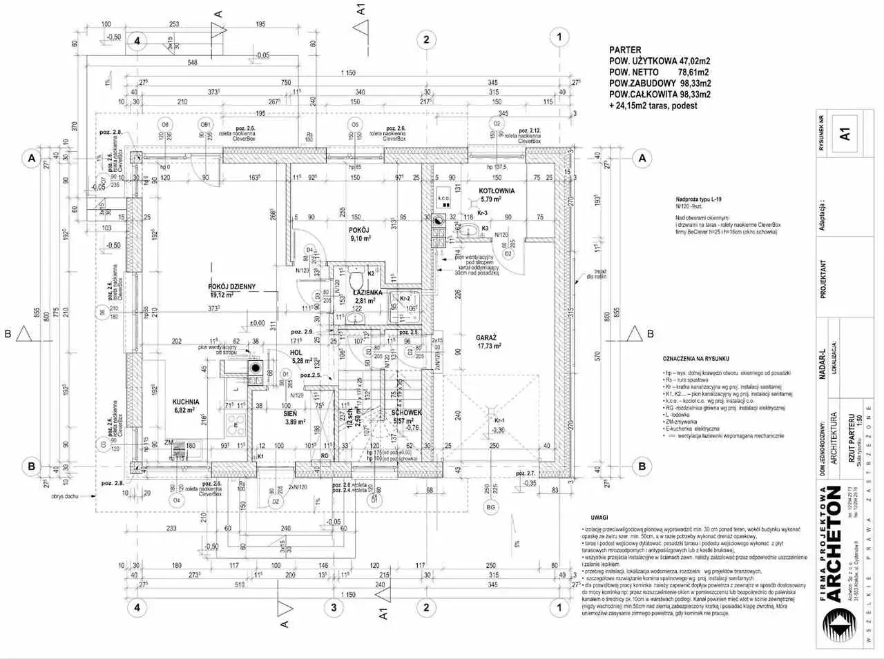 Rysunek techniczny przedstawia rzut parteru z wymiarami, oznaczeniami pomieszczeń (kuchnia, salon, garaż) i detalami konstrukcyjnymi.