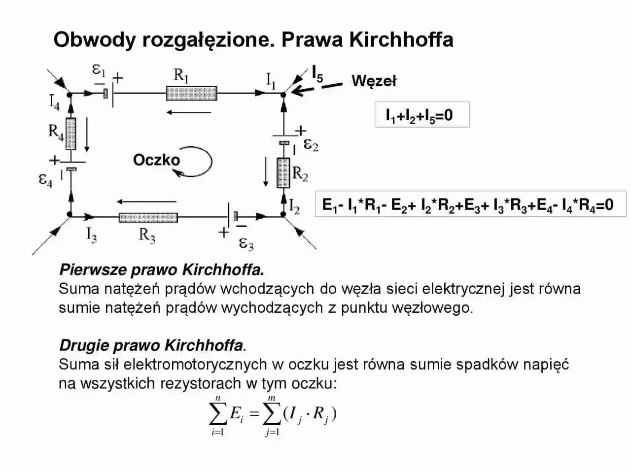 Schemat obwodu elektrycznego z zaznaczonymi węzłami i oczkami, ilustrujący prawa Kirchhoffa.