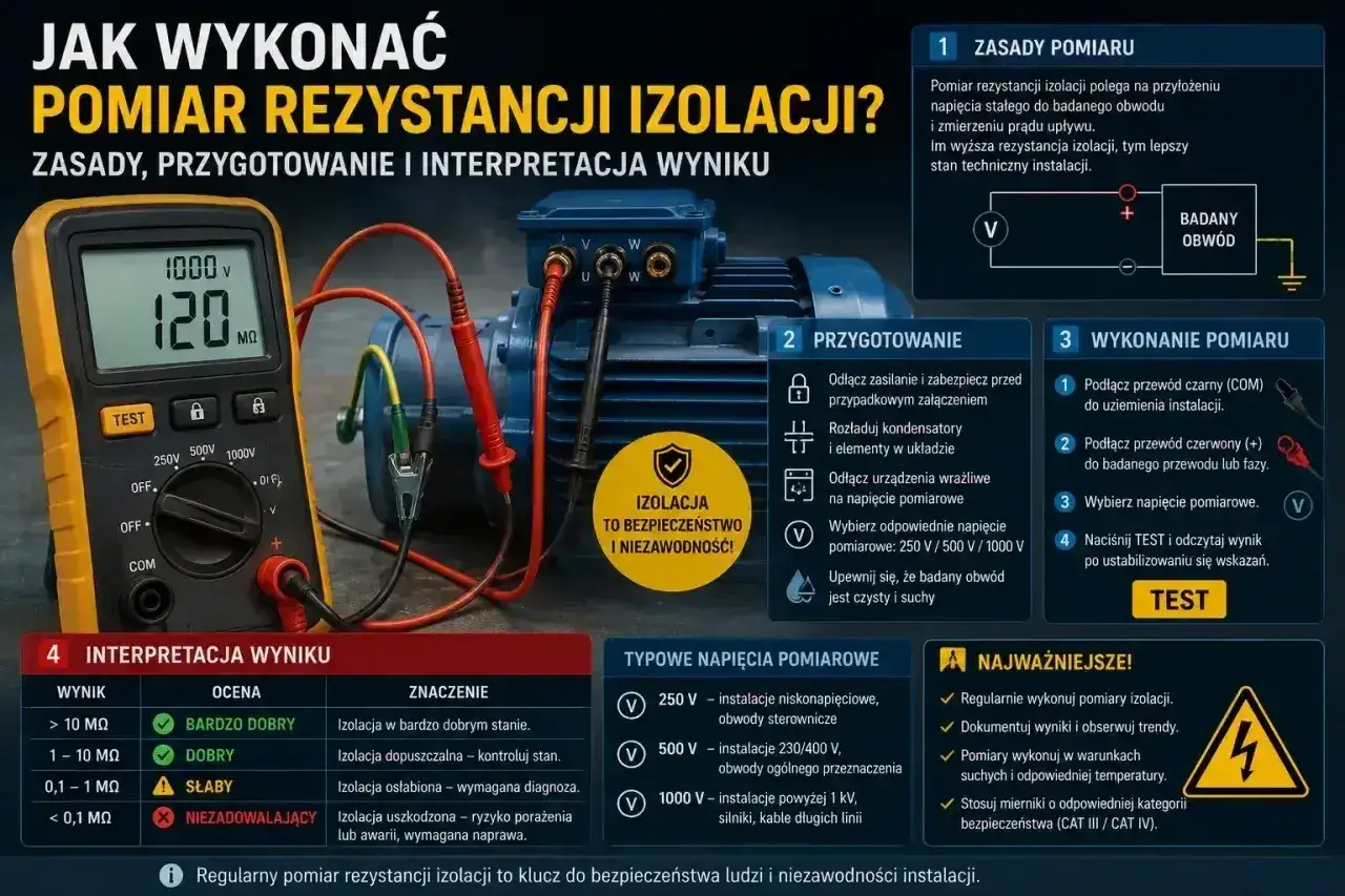 Multimetr mierzy rezystancję izolacji silnika elektrycznego, pokazując 120 MΩ. Instrukcja wyjaśnia zasady pomiaru oporu elektrycznego.