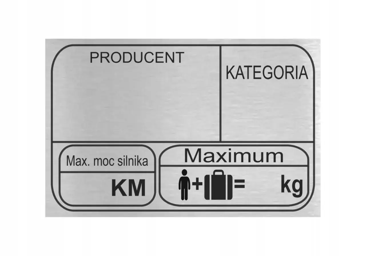Metalowe tabliczki znamionowe z informacjami o producencie, kategorii, mocy silnika (KM) i maksymalnym obciążeniu (osoba + bagaż = kg).