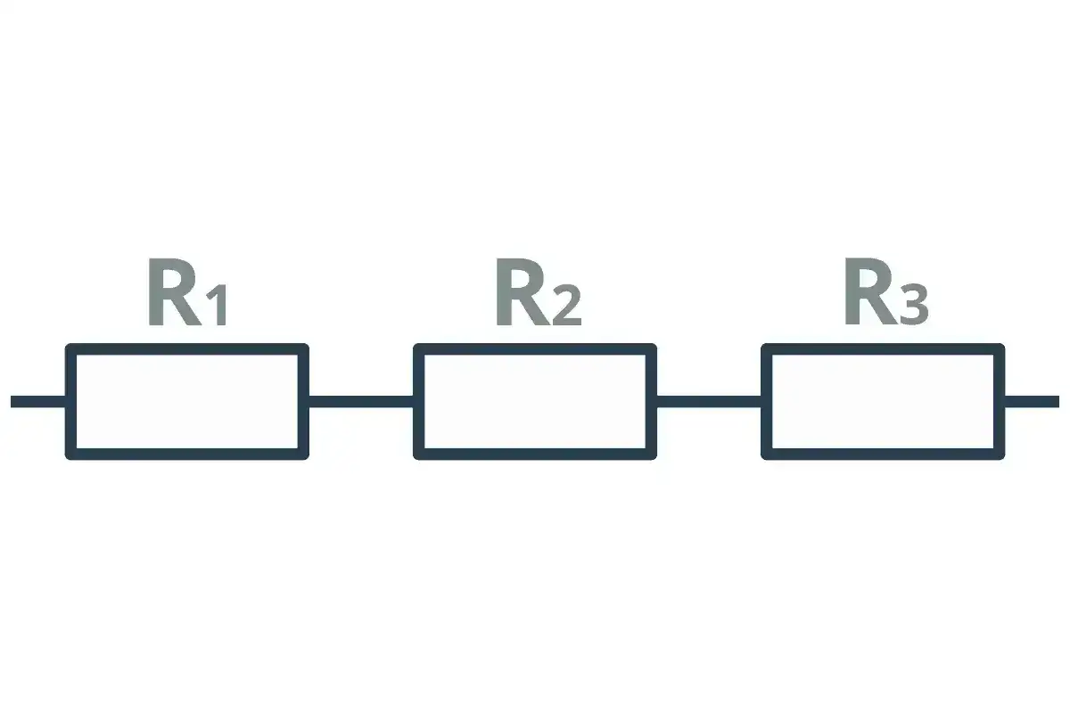 Schemat obwodu elektrycznego z trzema rezystorami R1, R2, R3 połączonymi szeregowo.